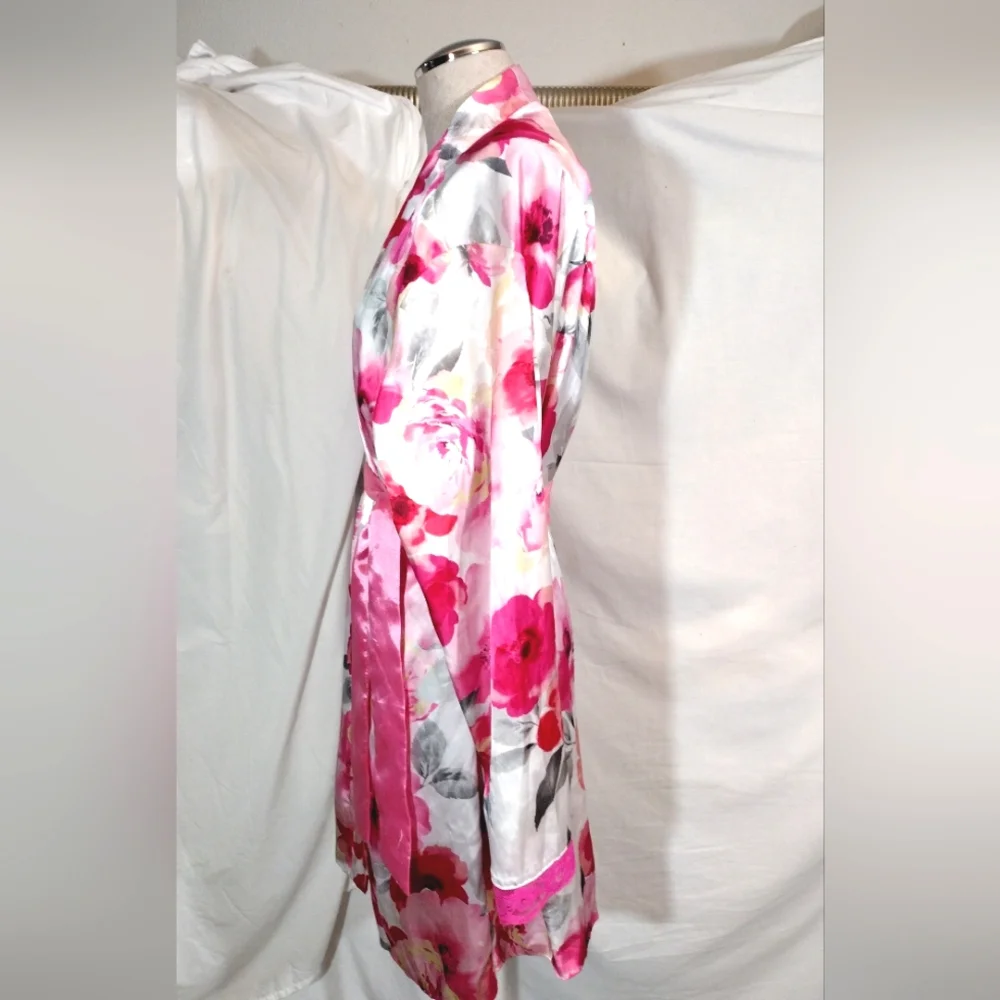 2Pc:Rose Satin Robe+Slip: Floral Pinks & White, Satin+ Lace, Tie, Straps, M - Picture 7 of 16